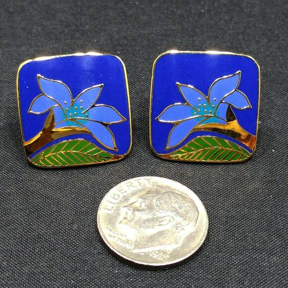 Laurel Burch "Wild Lily" Blue Post Earrings, Cloisonne Gold Plated, 1980s - Picture 6 of 9